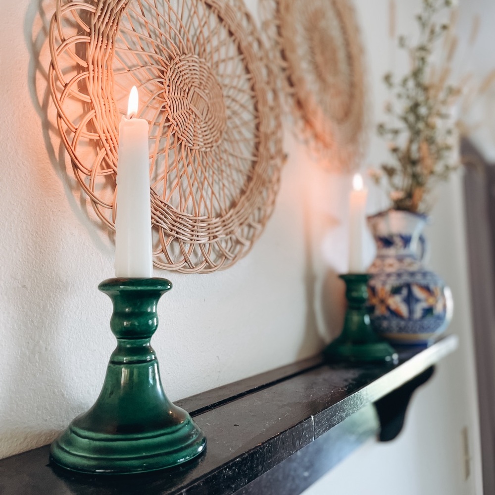 Pair of Glass Green Candlestick Holder